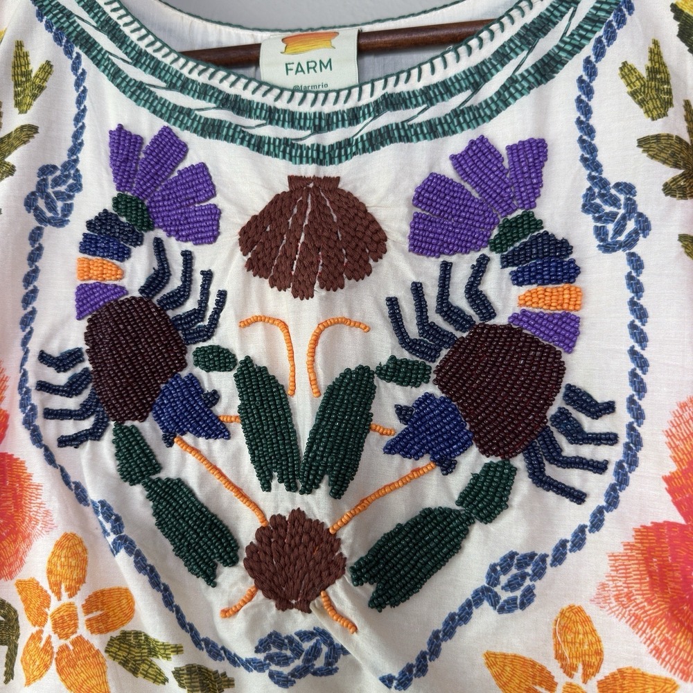 Farm Rio L Salt Island Crabs Tunic Maxi Dress Kaftan Beaded Tassel Resort Beachy - Picture 2 of 12
